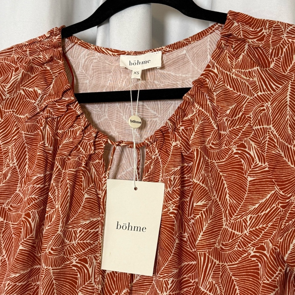 Bohme Rust Floral Boho Blouse Cottagecore Tie Neck Peasant Top XS NWT - Picture 2 of 10